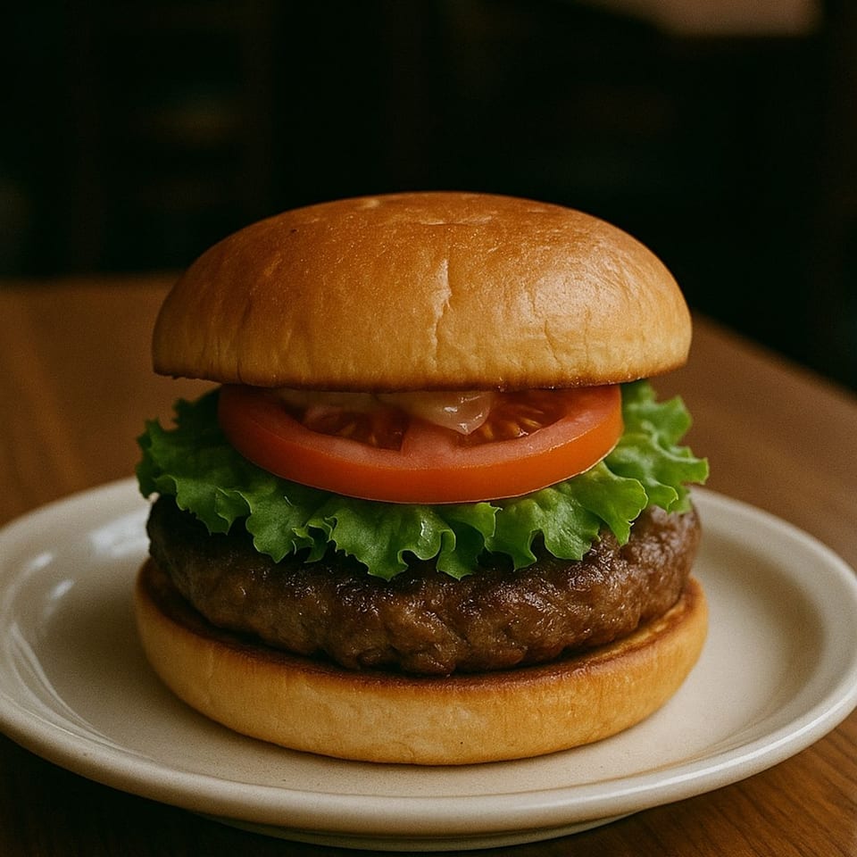 A juicy IBRO CHOPS burger with lettuce and tomato on a white plate, on a wooden table.