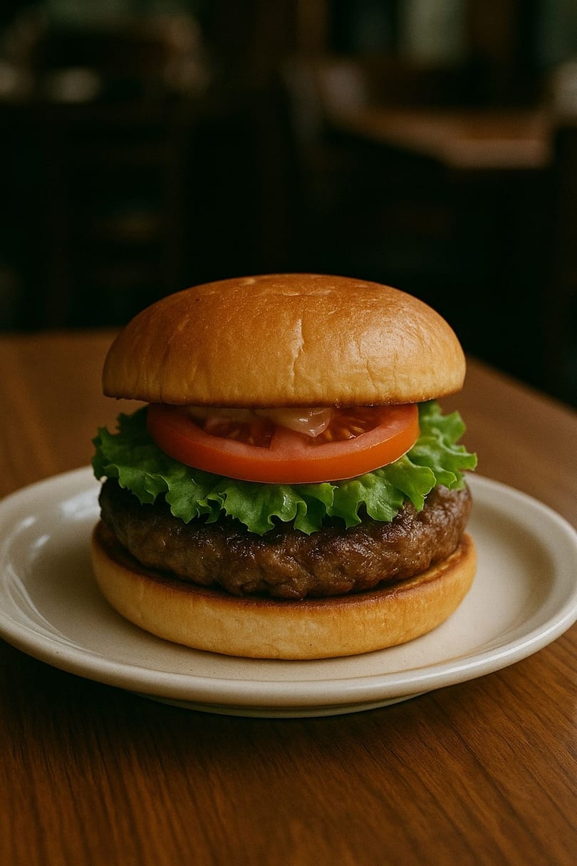 A juicy IBRO CHOPS burger with lettuce and tomato on a white plate, on a wooden table.