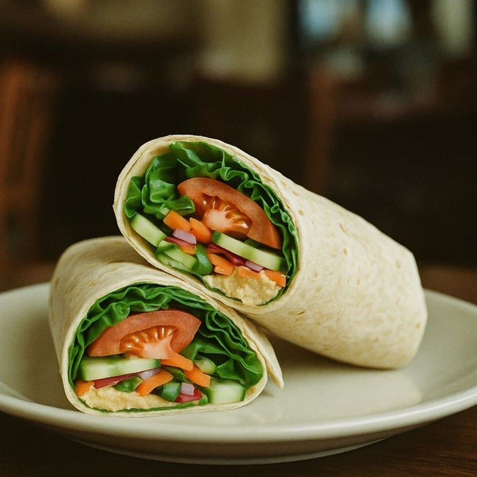 Two halves of a fresh vegetable wrap with lettuce, tomato, cucumber, carrots, and hummus on a white plate.