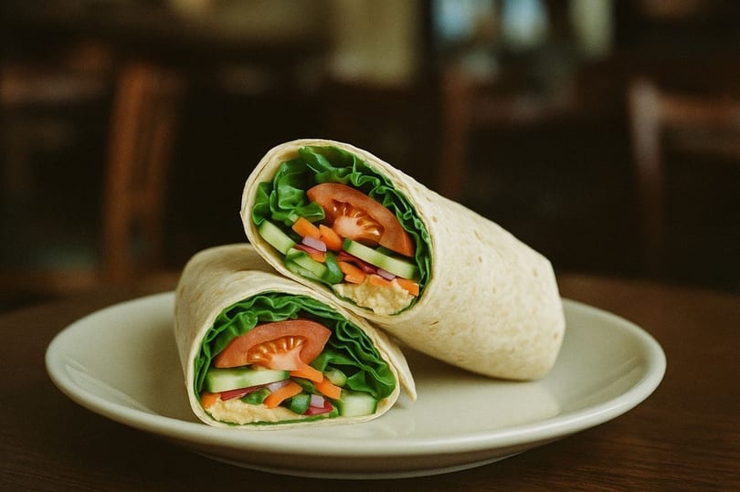 Two halves of a fresh vegetable wrap with lettuce, tomato, cucumber, carrots, and hummus on a white plate.