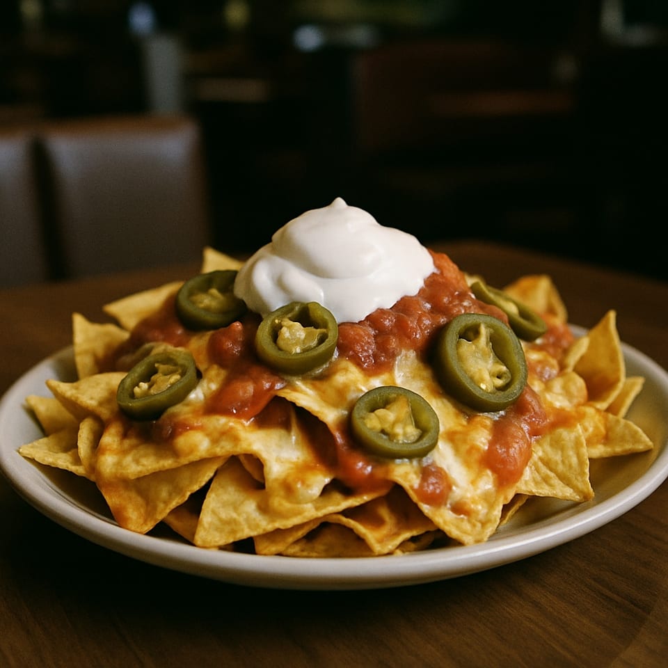 A plate of nachos with melted cheese, salsa, jalapeños, and a dollop of sour cream.