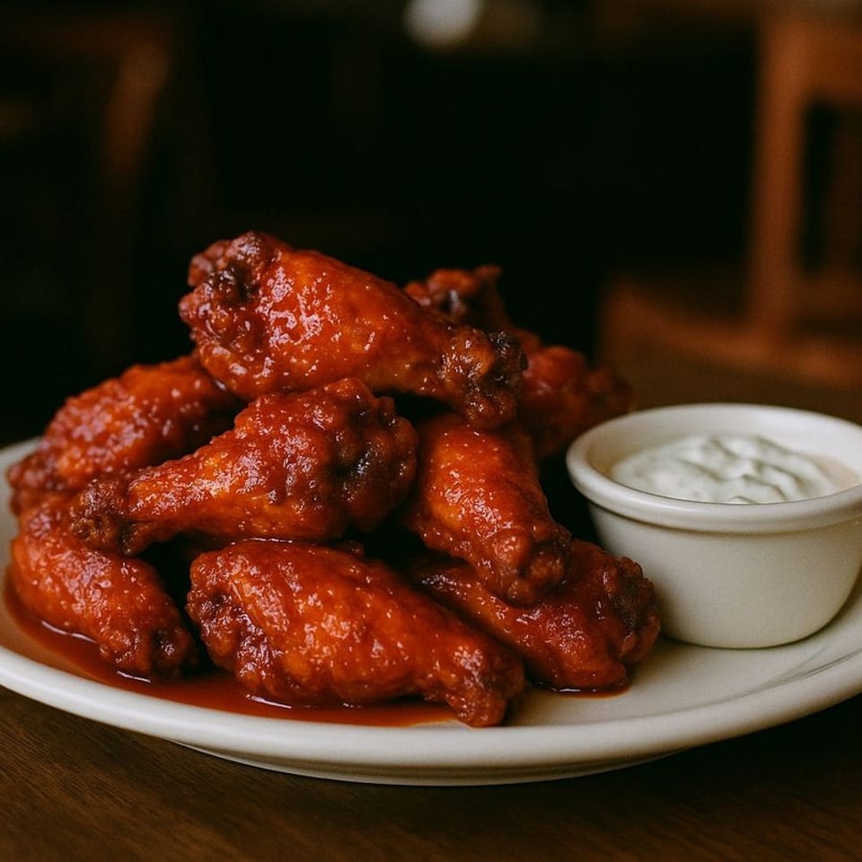 A plate of saucy red chicken wings with a side of white dipping sauce on a wooden table.