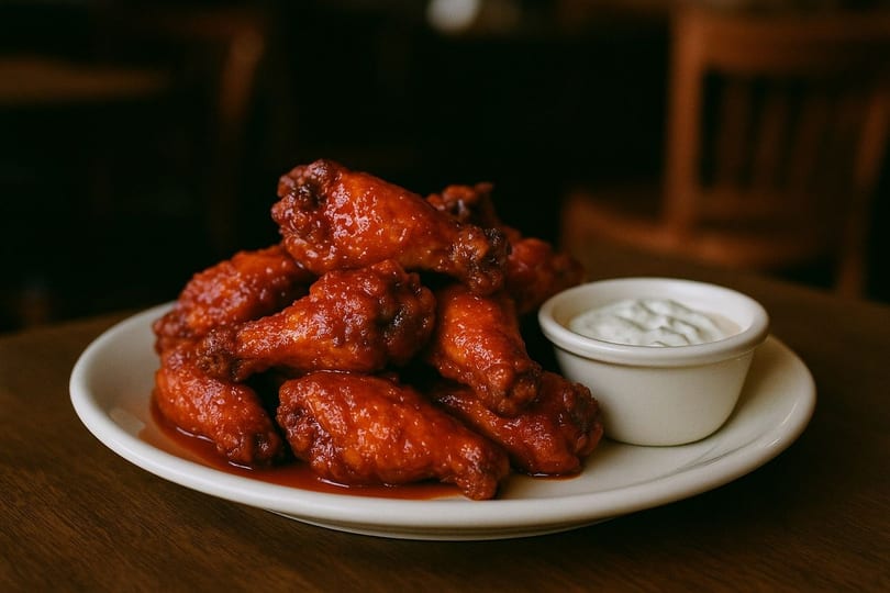 A plate of saucy red chicken wings with a side of white dipping sauce on a wooden table.